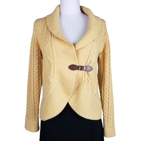 Talbots Lambswool Cable Knit Yellow Cardigan Leather Buckle Sweater MP - Picture 2 of 10